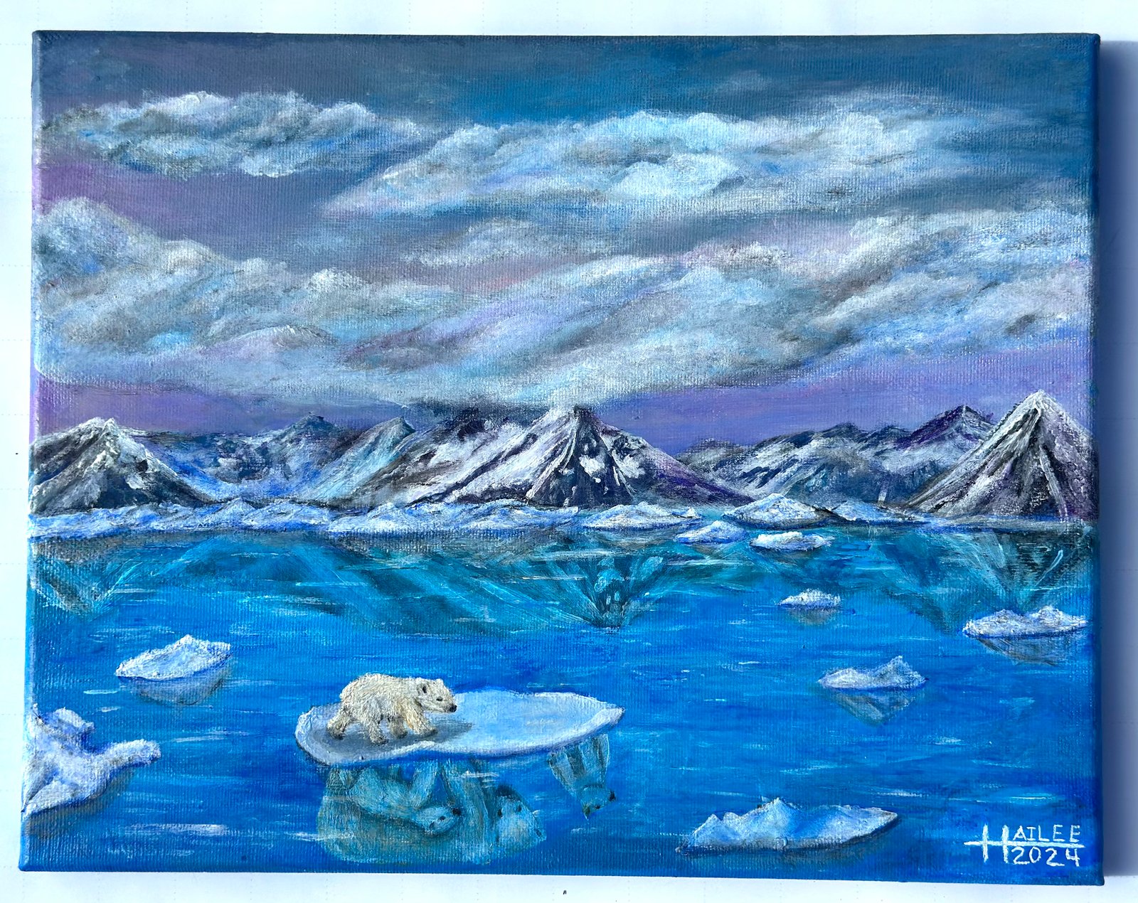  a polar bear cub floating on a small glacier alone. he looks at his reflection in the water also seeing a reflection of his sibling and mother.